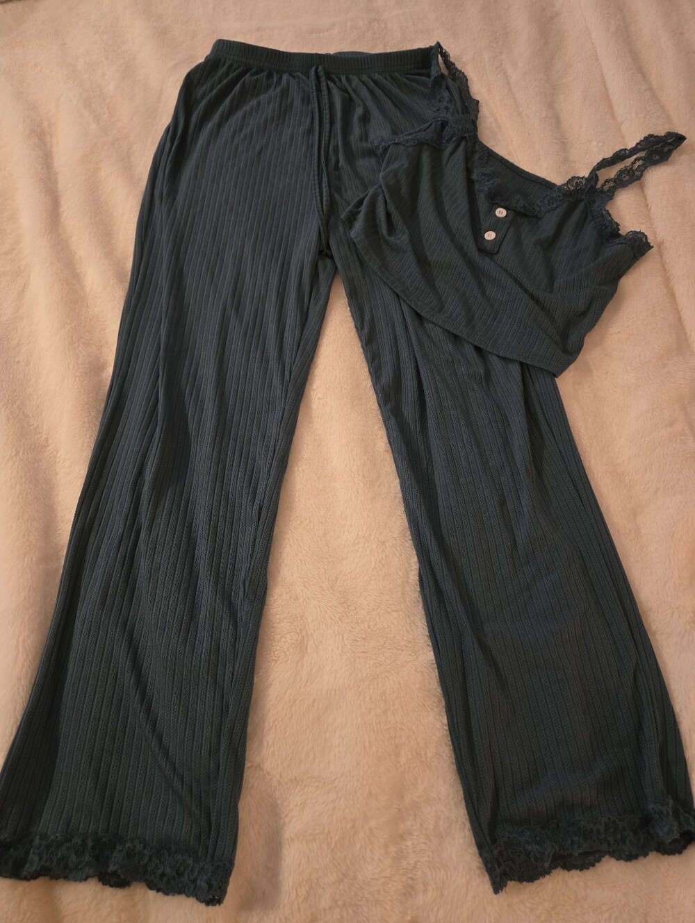 Women's Ribbed Lace-Trim Sleep Set - Dark Teal